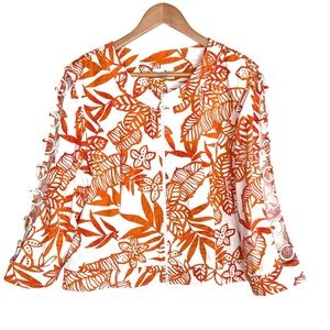 Joseph Ribkoff orange white abstract floral zip up jacket ring cut-out sleeves